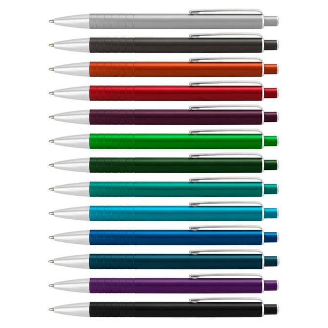 A collection of metal pens in various colours, including silver, orange, green, purple, and black, with silver accents.