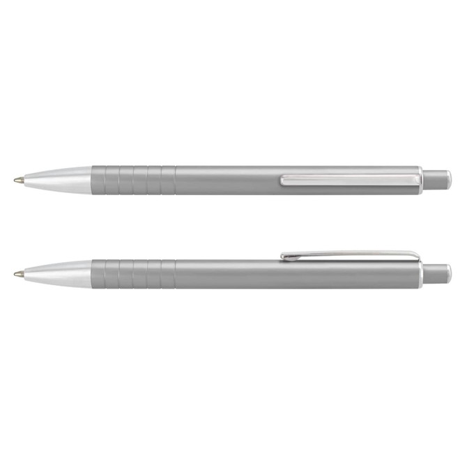 A metal pen with a sleek silver design featuring a ribbed grip and a clip. It has a branding logo.