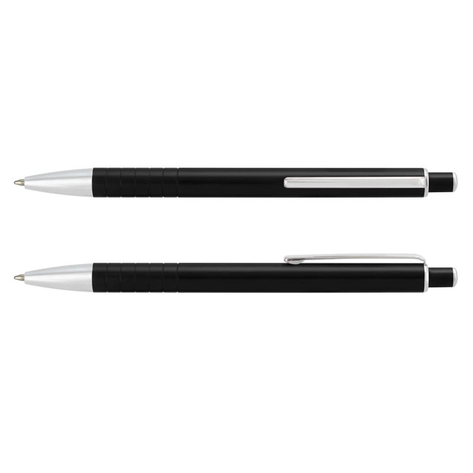 A metal pen set in black with silver accents and a textured grip, featuring a logo on the pen body.