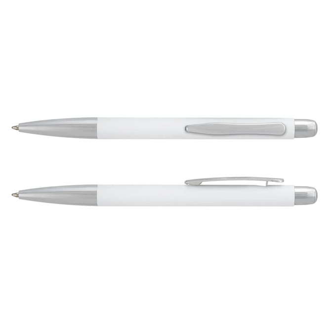 A metal pen with a white barrel and silver accents, featuring a clip and a sleek design.
