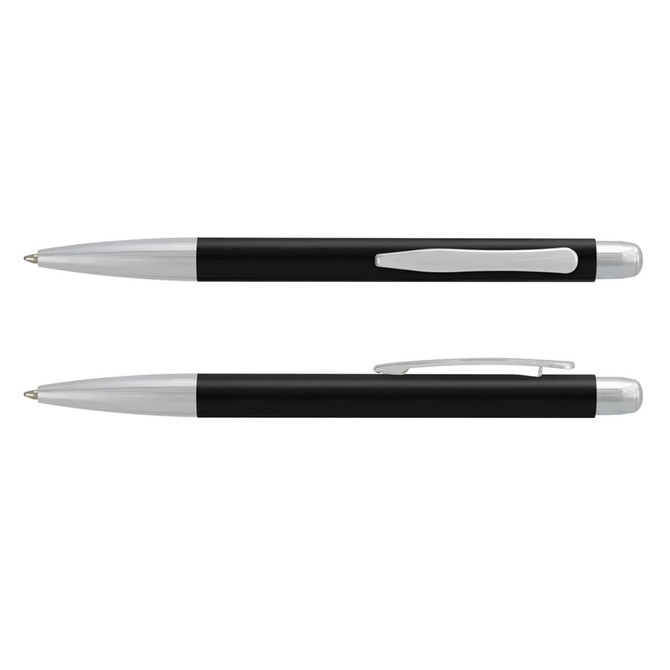 A metal pen in black with silver accents, featuring a sleek design and a clip. Includes a branding logo.