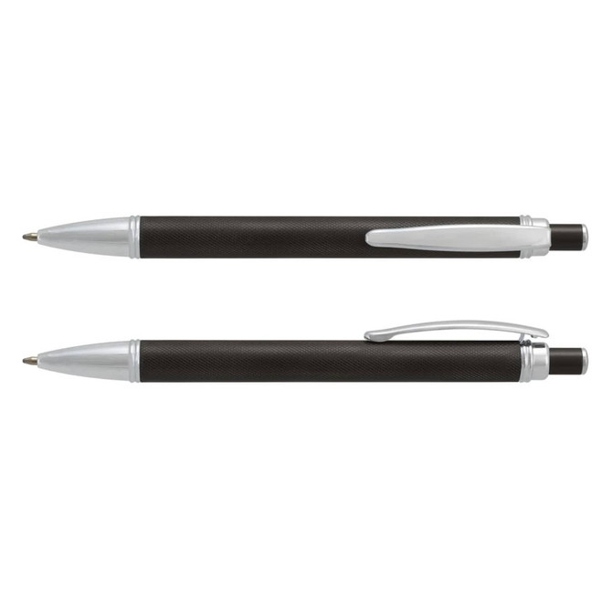 A sleek black Guilloche pen featuring silver accents, presented with a logo. Two pens displayed, top and bottom view.