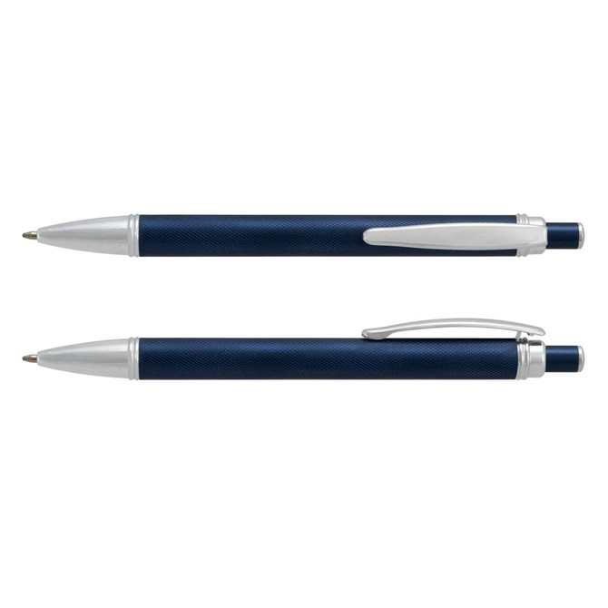 A navy blue metal pen with a textured grip and silver accents, featuring a clip and a branding logo.