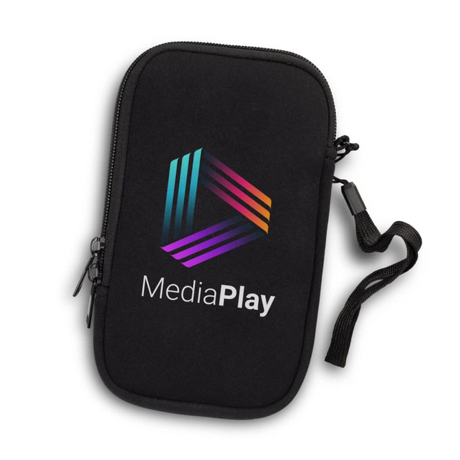 A black phone sleeve with a zip closure and a logo featuring multi-coloured diagonal stripes.