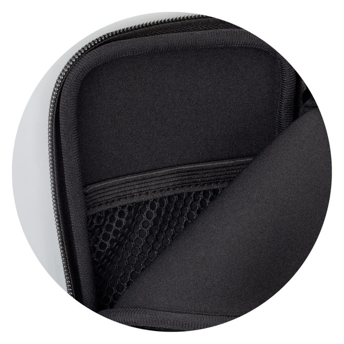 A close-up of a black and grey zipper phone sleeve featuring mesh storage pockets inside.