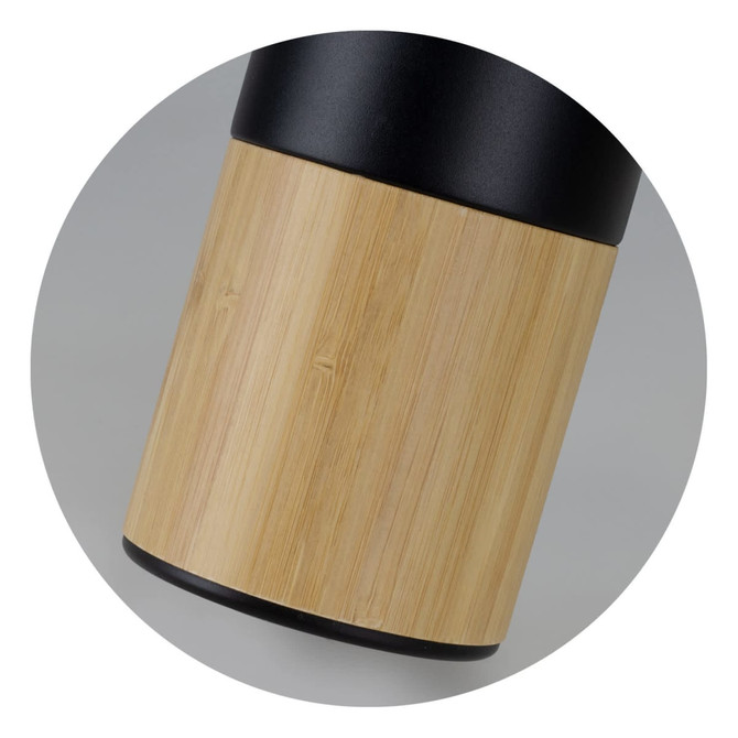 A drink bottle with a black top and a bamboo lower section, featuring a sleek, modern design. It has a logo.