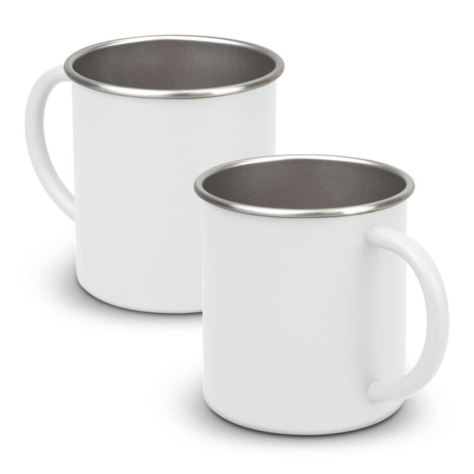 A white coffee mug with a stainless steel interior and a handle, featuring a simple design.