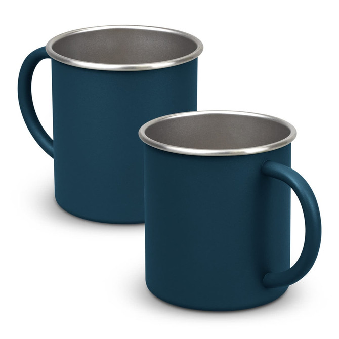 A drink mug in dark teal with a stainless steel rim and handle, showcasing a simple and modern design.