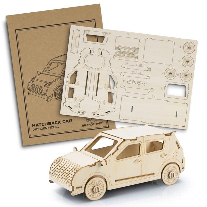 A wooden model of a hatchback car in natural wood colour, with a detailed assembly template included.