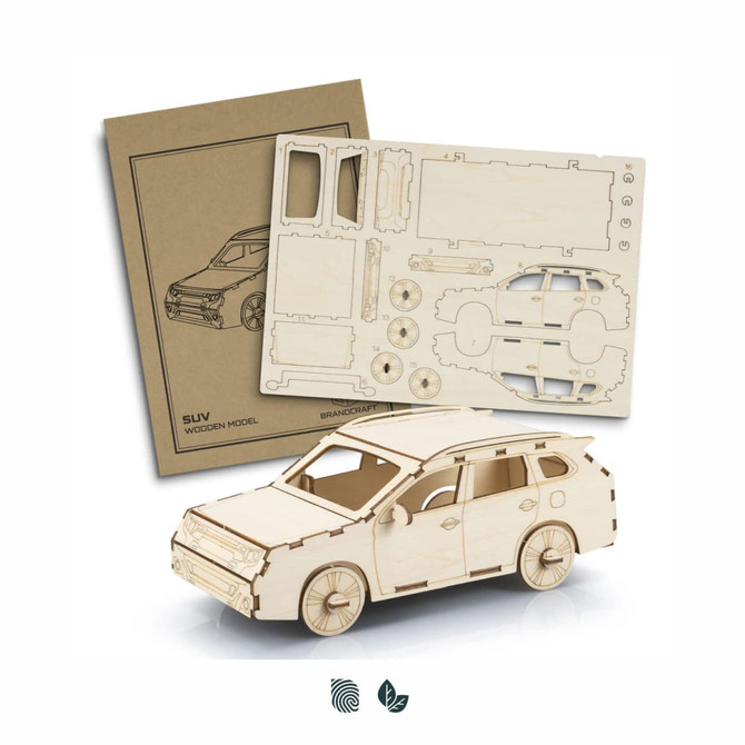 A wooden model SUV in natural colour, with assembled and unassembled pieces displayed alongside a packaging sheet.