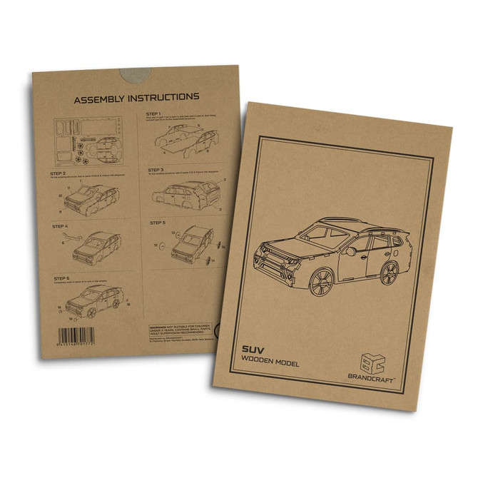 A wooden model kit featuring an SUV design with assembly instructions on a brown cardboard backing.