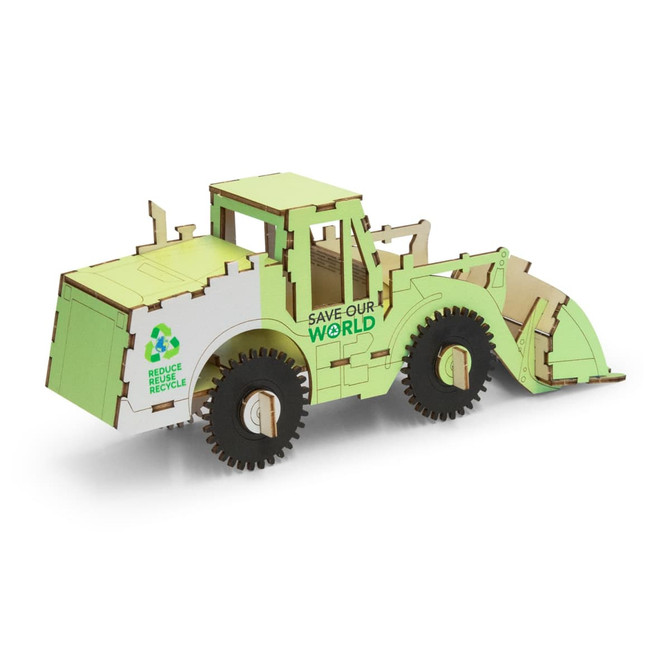 A wooden model of a wheel loader in green and natural wood, featuring a logo and a detailed design.