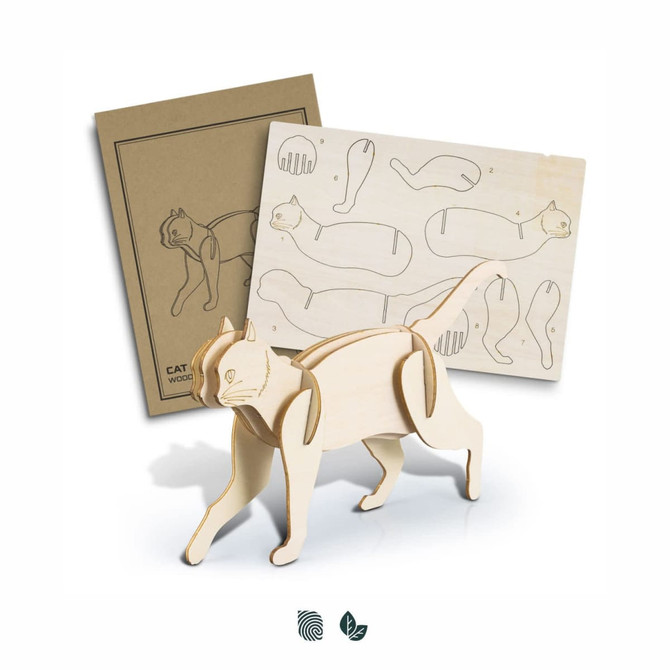 A wooden cat model in a natural finish, accompanied by instructional sheets with design outlines.