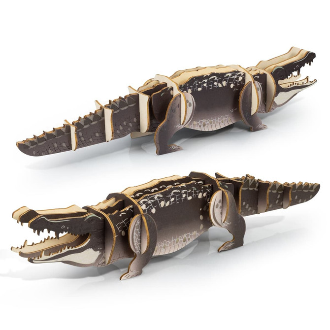 A crocodile wooden model featuring detailed cutouts in shades of brown and cream, showcasing a playful design.
