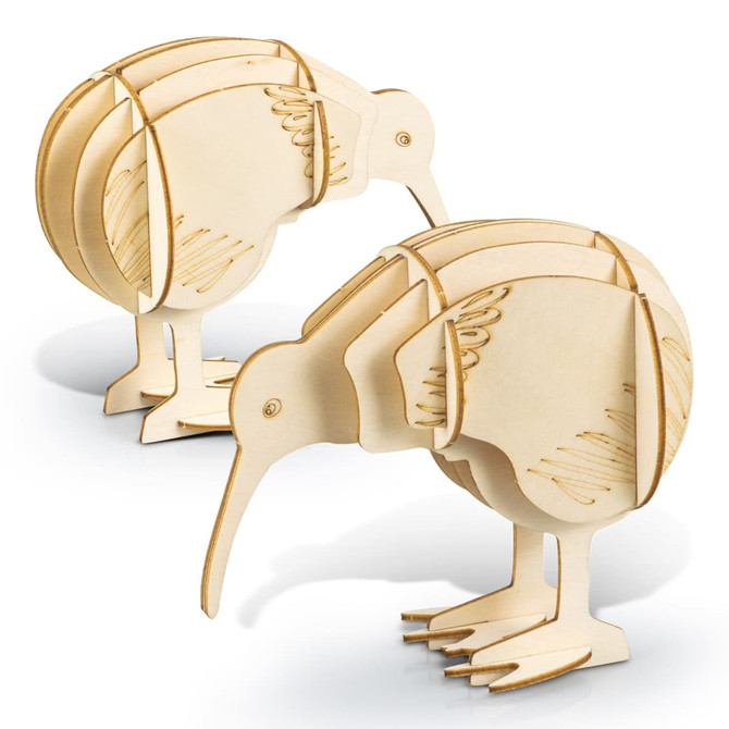 Two wooden kiwi bird models in natural wood colour, featuring detailed carvings and a simplistic design.