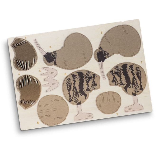 A wooden model kit featuring kiwi shapes in natural wood tones, with intricate cut-out designs for assembly.