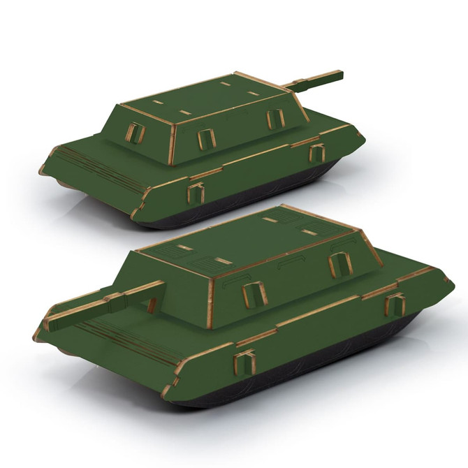 A green wooden model tank featuring detailed cutouts and a sturdy base, designed as a novelty item.