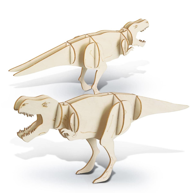 A wooden model of a Tyrannosaurus Rex in a natural finish, featuring articulated joints and a logo.