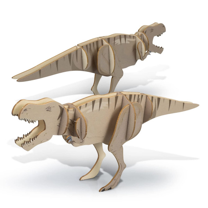 A wooden model of a Tyrannosaurus Rex in light brown, featuring movable parts and a simple design, alongside another model.