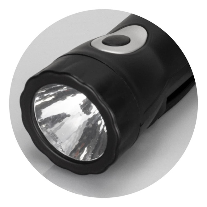 A black rechargeable torch featuring a silver button and a reflective lens. It has a branding logo on its side.