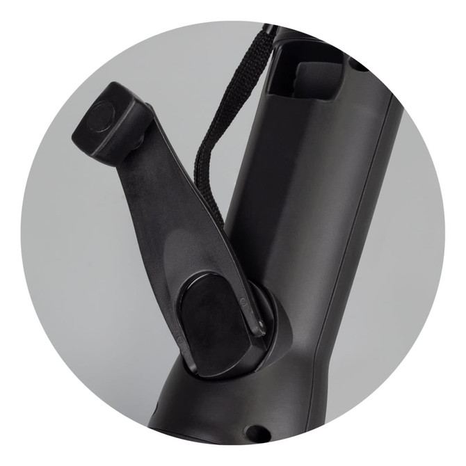A black Dynamo Rechargeable Torch with a side lever and a wrist strap for easy carrying. Features a branding logo.