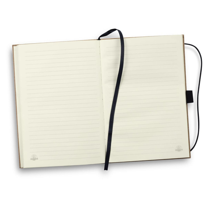 A hard cover notebook with a brown exterior, featuring lined pages and a black ribbon bookmark.
