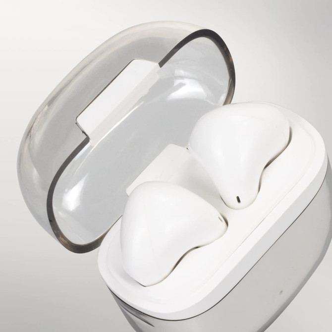 White Bluetooth earbuds in a transparent charging case, featuring a smooth, modern design.