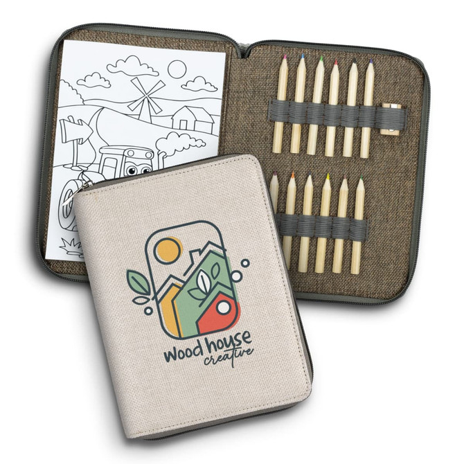 A portable drawing set featuring coloured pencils in a zippered case, with a sketchpad showing a colouring page.
