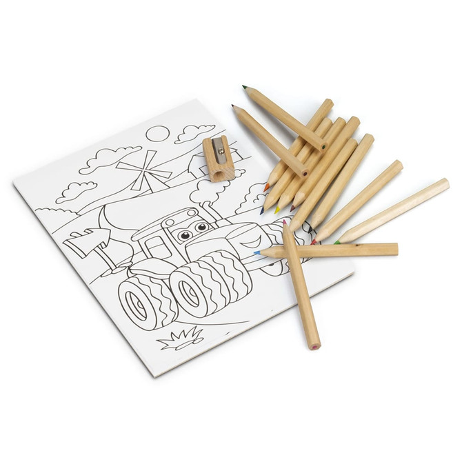 A portable drawing set featuring multiple coloured pencils and a colouring sheet with a vehicle illustration.