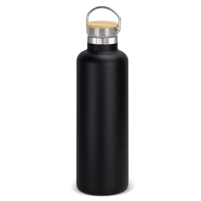 A drink bottle in matte black with a stainless steel neck and wooden cap, featuring a metal carry handle.
