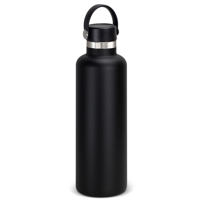 A drink bottle in matte black with a carry lid and a metallic accent, featuring a logo.