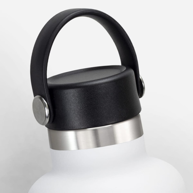 A drink bottle with a white body and a black carry lid, featuring a silver accent on the neck.