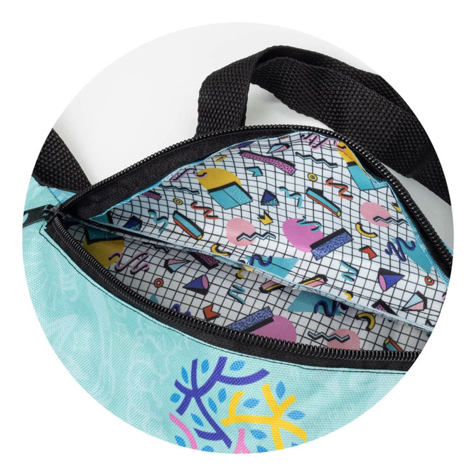 A turquoise belt bag featuring a colourful, patterned interior design and black straps. The bag has a zippered opening.