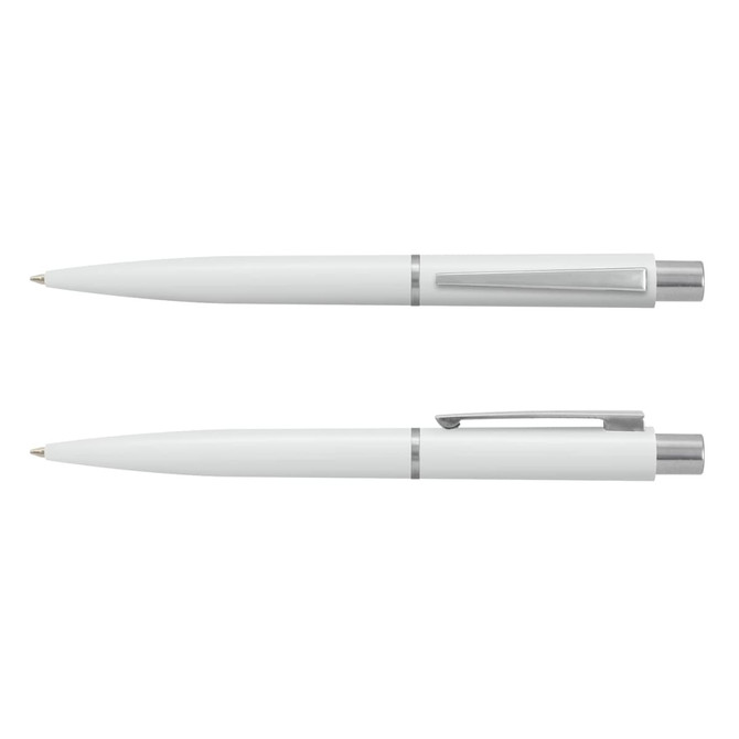 A set of two white plastic pens with silver accents, featuring a sleek design and a clip for convenience.