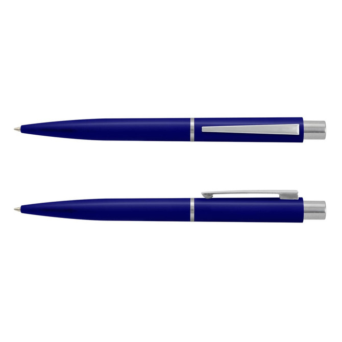 A blue plastic pen with a silver clip and accents, displayed in a top-down view and side view.