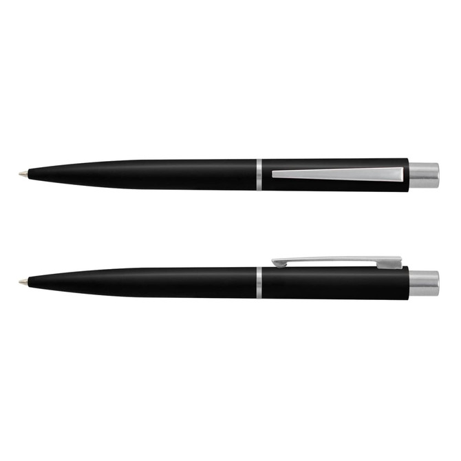 A black plastic pen with silver accents, featuring a clip and a smooth design. It has a logo on the body.