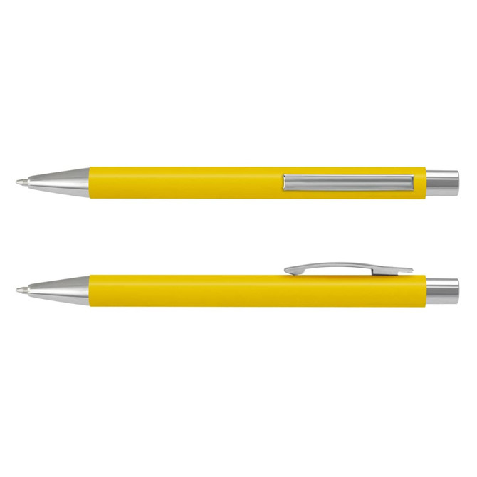 A yellow soft-touch pen with silver accents and a clip. The pen is displayed from two angles.