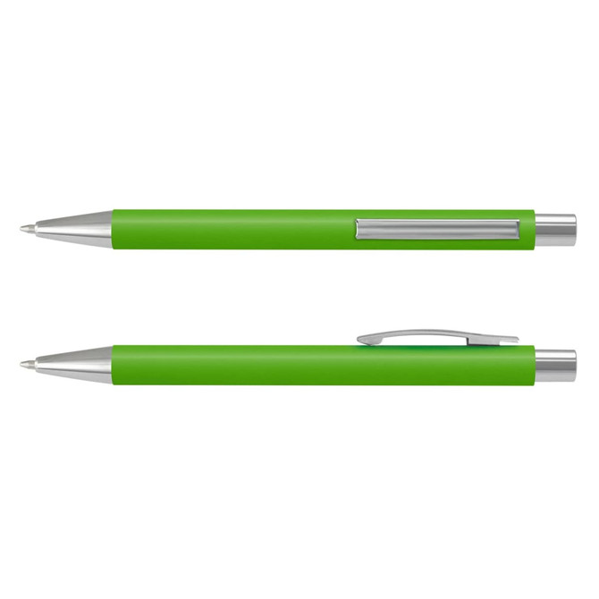 A green plastic pen with a silver clip and tip, featuring a sleek, soft-touch finish.