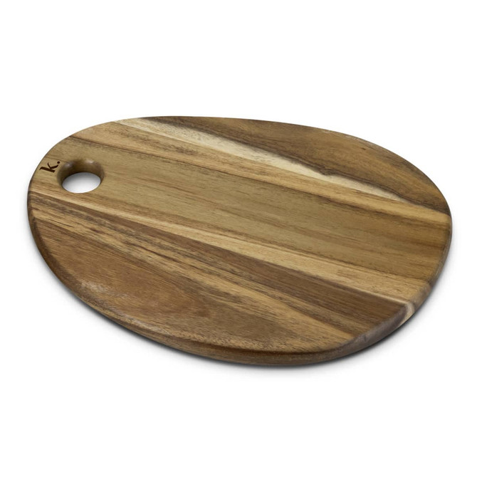 A wooden serving board in natural tones, featuring a rounded edge and a small hole for easy handling.