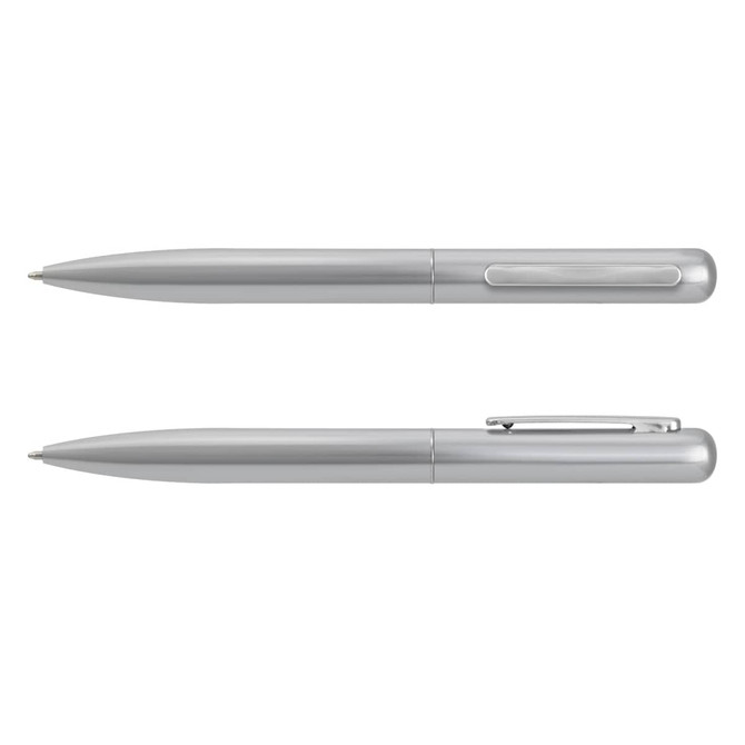 A silver metal pen with a smooth, sleek design and a clip. Features both cap and retractable mechanisms.