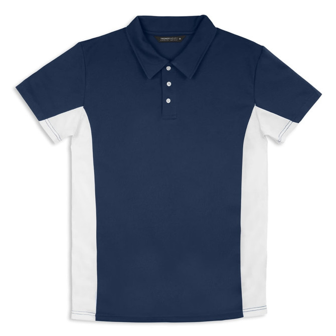 A navy blue and white men's polo shirt featuring a collar and buttons, with a logo on the chest.
