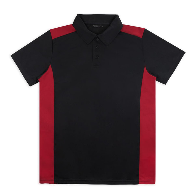 A polo shirt in navy blue with red side panels, featuring a collar and buttons, and has a logo.