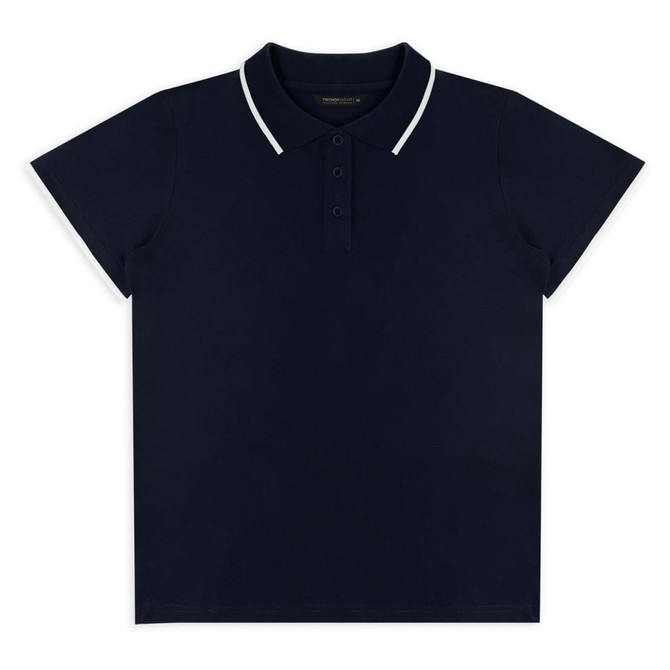 A navy polo shirt with a white collar and three-button placket, featuring a logo.