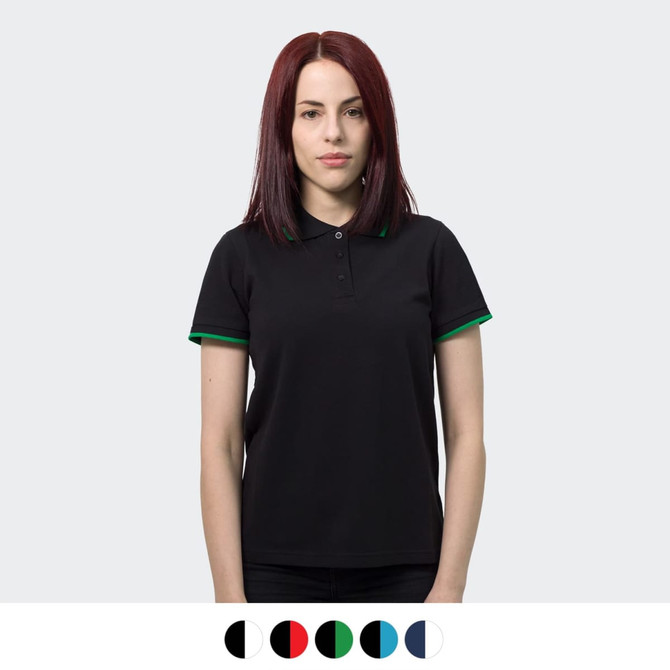 A black women's polo shirt with green accent detailing, featuring a logo on the chest area.