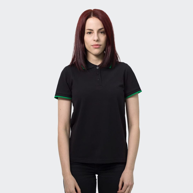 A black women's polo shirt featuring green trim on the collar and sleeves, with a logo on the front.