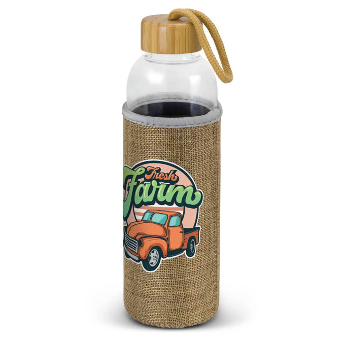 A drink bottle with a clear glass body and a natural fabric sleeve in brown, featuring a vintage truck design.