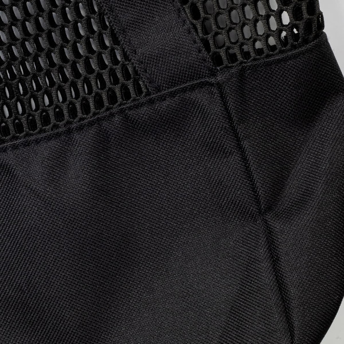 A black sports tote with a mesh design and sturdy straps, featuring a logo on the material.