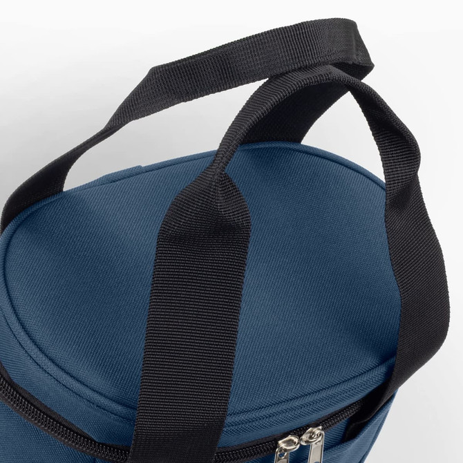 A blue cooler bag with black straps, featuring a round shape and a zip closure. It has a logo on the side.
