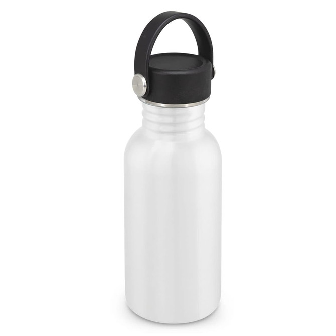 A drink bottle in white with a black carry lid and handle, featuring a sleek design and stainless steel construction.