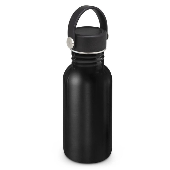 A drink bottle in matte black with a carry lid and a metal accent. It has a sleek, modern design.